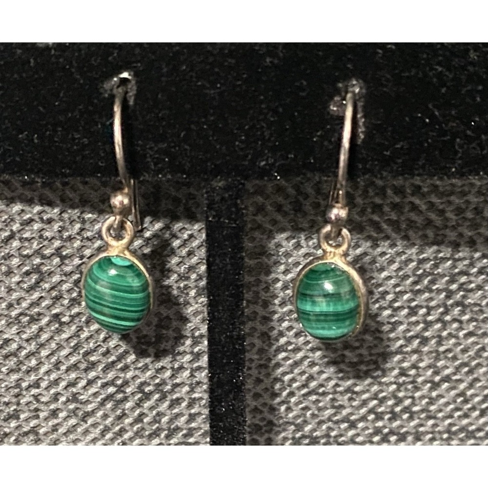 Natural Malachite Oval Cabochon Gemstone Earrings 925 Sterling Silver Dangle